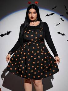 SHEIN CURVE+ Vestido casual con tirantes de mujer talla grande con estampado de calabaza y bolsillo, para otoño/invierno - Negro - Ver 4