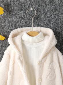 SHEIN 年轻女孩 1 件毛绒保暖经典街头风格连帽长袖外套年轻女孩蓬松外套 - 卡其色 - 查看 4