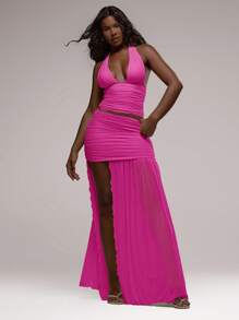 MUSERA 褶皱垂褶极开衩半身裙，仅限伊比沙岛性感度假夏季节日沙滩装，浪漫优雅，适合生日、婚礼宾客、婚宴和复活节 - 玫紅色 - 查看 1