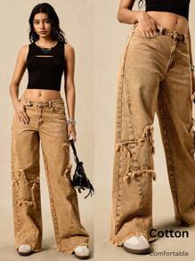 Easelle Pantalon à étoile à cinq branches, bord brut, style rétro décontracté pour l'été - Camel - Voir 1