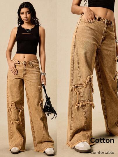 Easelle Five-Pointed Star Trousers With Raw Edges For Summer Retro Casual Denim Washed Trousers With Five-Pointed Star Applique Embroidery Decoration For Early Autumn