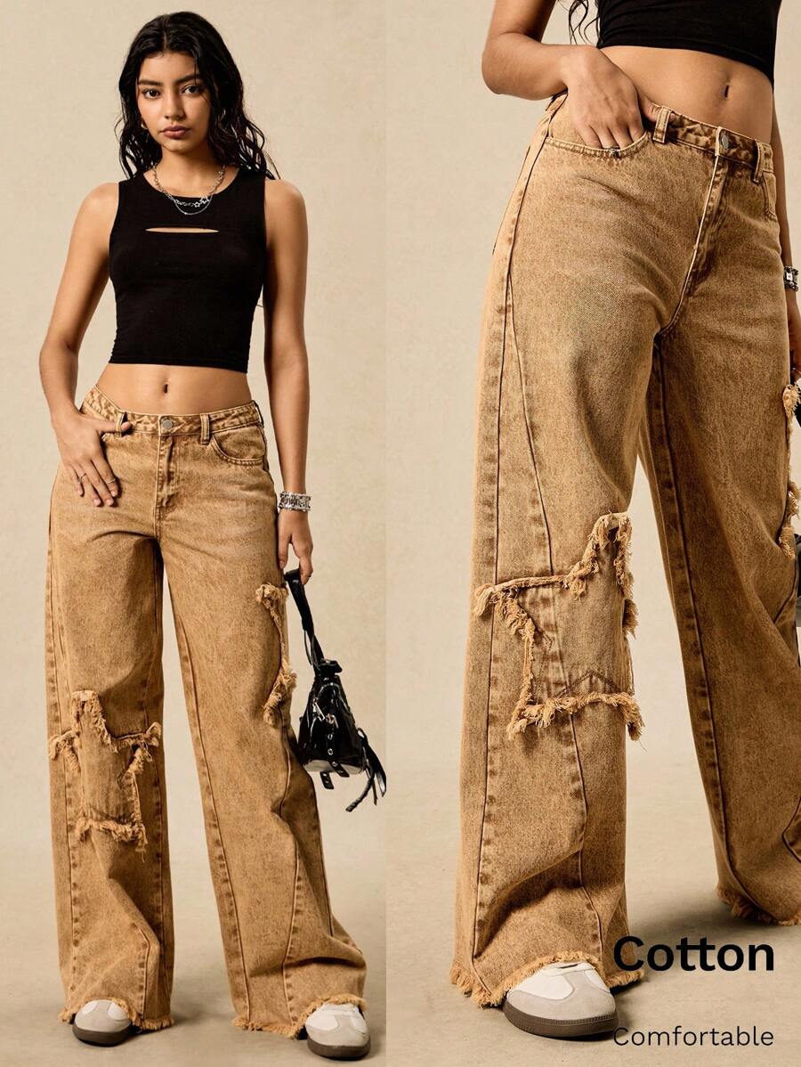 Easelle Pantalon à étoile à cinq branches, bord brut, style rétro décontracté pour l'été - Camel - Voir 1