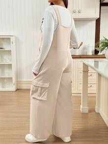 SHEIN 孕妇纯色口袋休闲百搭无袖连体裤 - 杏色 - 查看 2