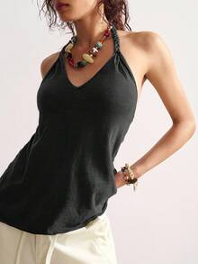 Bohemela Damen Lässig einfarbiges Strick Loose Fit Tank Top, Damen Tank Tops Sommer, Damen Boho Tank Top, Damen Trägertops - Schwarz - Übersicht 4