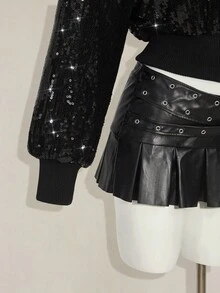 SHEIN ICON 女士性感街头亮片立领短款宽松夹棉大衣 - 黑色 - 查看 8