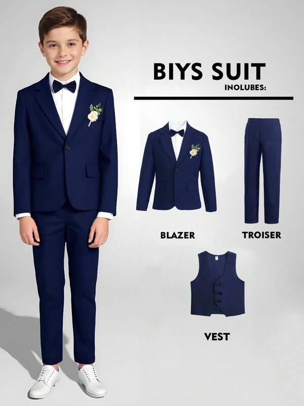 SHEIN Set completo da 3 pezzi per ragazzi: gilet doppiopetto + giacca + pantaloni, abbigliamento elegante per feste di compleanno, banchetti, matrimoni, battesimi
