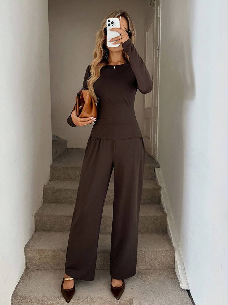 Easowa 2pcs/Set Women Fitted Long Sleeve T-Shirt And Wide Leg Pants Casual Sports Loungewear Suit, Coffee Brown Brown Two Pieces Set Women Wide Leg Pants Set Long Sleeve Two Pieces Set Brown Wide Leg Pants Set Women Women Brown Pantsuit - Coffee Brown - View 1