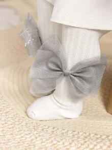 Cozy Pixies 1 件装女婴厚款蝴蝶结装饰紧身裤，适合户外穿着 - 白色 - 查看 3