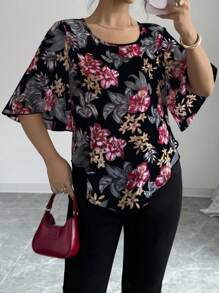 Elenzga 女式花卉印花宽松休闲短袖衬衫 - 彩色 - 查看 4