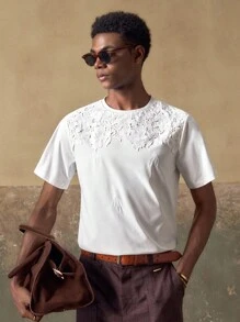 AKNOTIC Business Casual 男士蕾丝拼布刺绣弹力宽松T恤 - 白色 - 查看 4