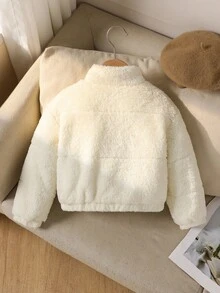 Young Girls' Solid Color Fleece Zip-Up Stand Collar Winter Coat Fall - Beige - View 2