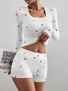 INAWLY 2pcs Casual Fitted Square Neck Long Sleeve T-Shirt & Shorts Pajama Set Fall Cloth For Women