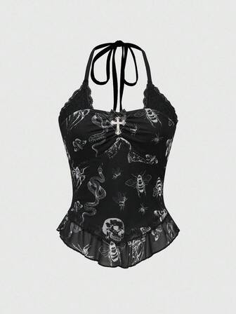 Goth Canotta da donna con scollo a V e inserti in pizzo, senza maniche, stile estivo, adatta anche per Ognissanti