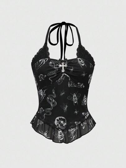 Goth Canotta da donna con scollo a V e inserti in pizzo, senza maniche, stile estivo, adatta anche per Ognissanti