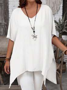 Rosumi 夏季大码纯色休闲不对称长衬衫 - 白色 - 查看 6