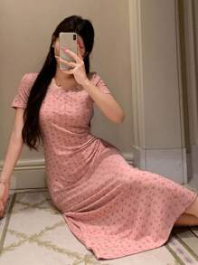 DAZY Bộ đồ ngủ dài tay thắt eo họa tiết hoa Ditsy dành cho nữ - Hồng - Xem 4