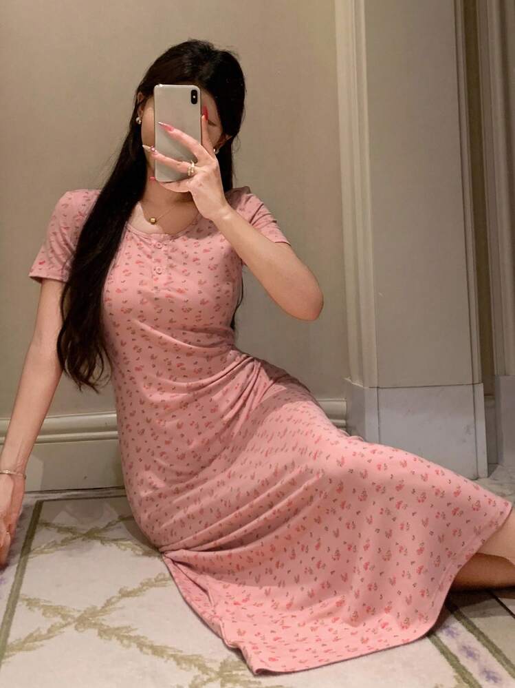 DAZY Bộ đồ ngủ dài tay thắt eo họa tiết hoa Ditsy dành cho nữ - Hồng - Xem 4