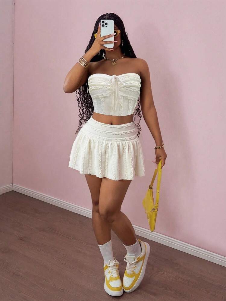 Chiquease 女士优雅时尚修身纹理面料露肩裙两件套，春秋季，全白派对装 - 杏色 - 查看 1