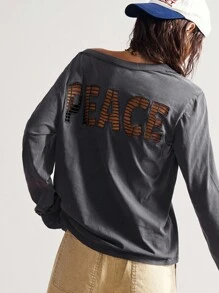 Bohemela Áo thun tay dài bằng cotton giặt, cổ chữ V, màu trơn, họa tiết thêu rỗng, phong cách Boho dành cho nữ, phong cách đồng quê cổ điển phương Tây, thích hợp cho kỳ nghỉ mùa hè/thu/đông - Màu xám đen - Xem 4