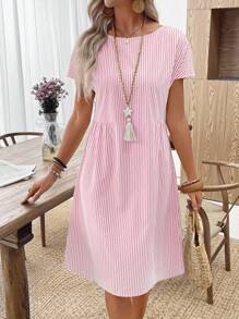 EMERY ROSE 女装夏季休闲条纹圆领连衣裙粉色条纹夏装短袖夏装夏季休闲连衣裙女度假连衣裙纯棉夏装 - 粉色 - 查看 6