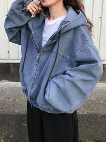 FRIFUL Women Front Zip Up Long Sleeve Pocket Casual Hoodie Denim Jacket