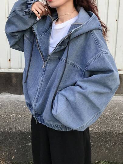 FRIFUL Women Front Zip Up Long Sleeve Pocket Casual Hoodie Denim Jacket