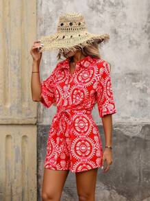 Brillora 女士全印花前扣系带休闲连体裤，波西米亚风，波西米亚风女装 - 粉色 - 查看 5