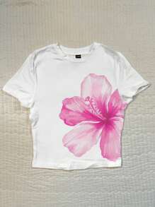 Attitoon 女士花卉印花圆领短袖修身T恤，适合夏季 - 白色 - 查看 6