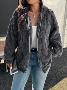 SHEIN LUNE Warm & Comfortable Casual Gray Fluffy Jacket, Plus Size, Suitable For Outings, Autumn Season Thanksgiving Outfit Women New Years Women Outfit Winter Dresses Winter Clothes Women Rave Outfits Fall