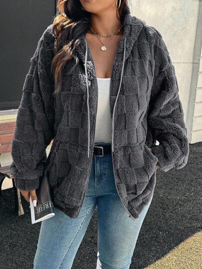 SHEIN LUNE Warme & bequeme lässige graue flauschige Jacke, Große Größen, geeignet für Ausflüge, Herbst-Saison Thanksgiving Frauen Neujahr Frauen Winter Frauen Rave Herbst
