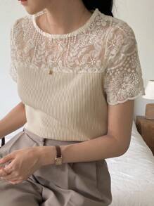 DAZY 女士优雅蕾丝拼布圆领短袖T恤，夏季 - 白色 - 查看 6