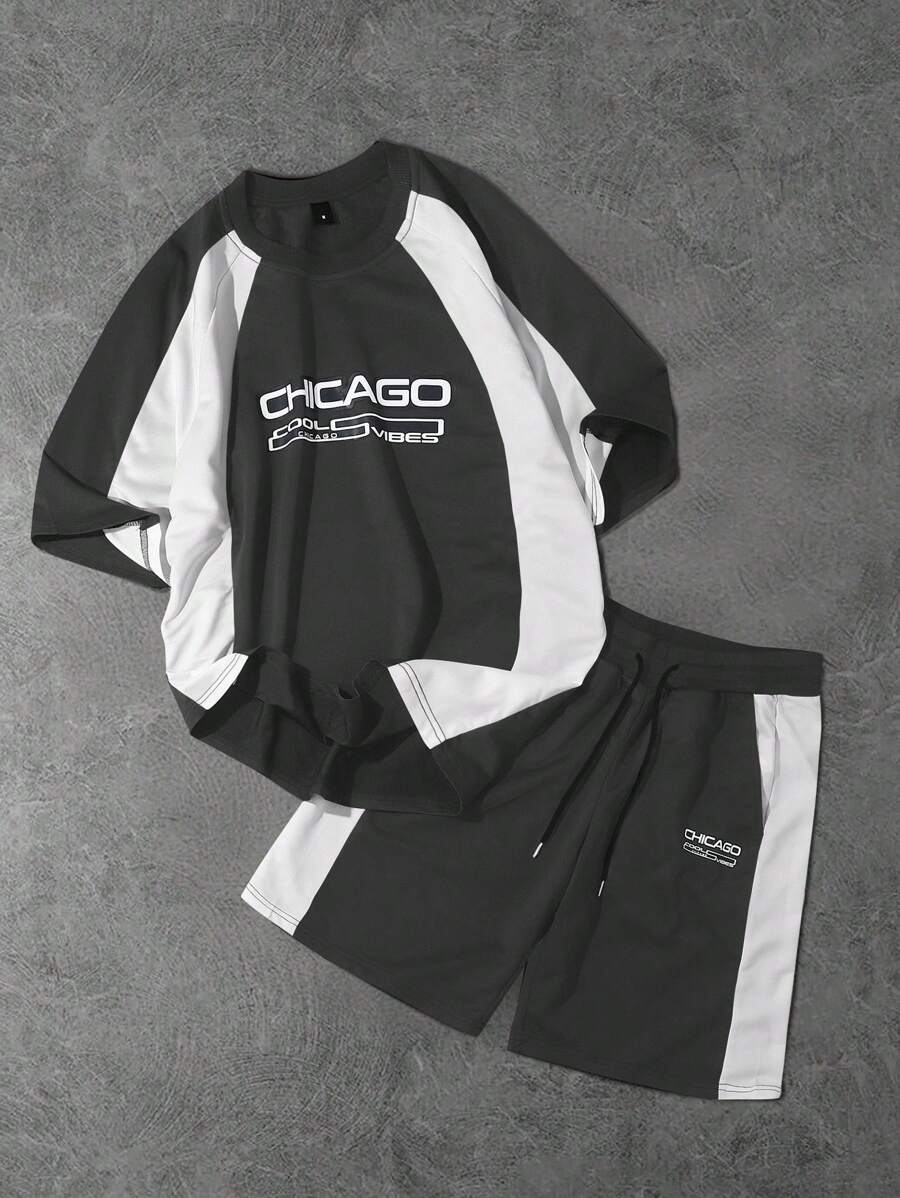 PAVTROS 男士休闲字母图案撞色圆领短袖T恤短裤套装，夏季 - 彩色 - 查看 1