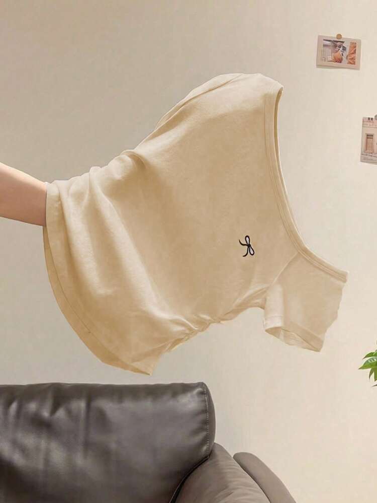 INAWLY 女式夏季新款性感不对称领口蝴蝶结刺绣荷叶边修身露肩T恤 - 卡其色 - 查看 5