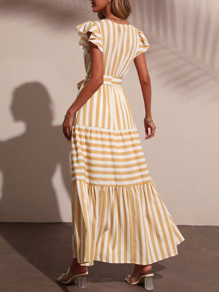 SHEIN LUNE Women's Elegant Fashion Commuter Casual Comfortable Charming Retro Minimalist High-End Sleeveless Ruffle Sleeve Bowknot Waist Cinched V-Neck A-Line Striped Hem Dress - Yellow - View 2