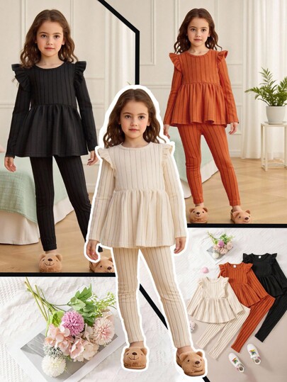 SHEIN Elladie kids סט 3 חלקים לילדה צעירה סווטשירט עם צווארון פיטר פן ומכנסיים קטיפה בצבע אחיד חליפה קז'ואל, סתיו/חורף 2024 טייץ צלעות סטים פשוטים לילדות צעירות סט סריג לבנות תלבושת שני חלקים צלעות לבנות סט שני חלקים עם שרוולים ארוכים לבנות תלבושת עם שרוולים קפלים לבנות סטים עם שרוולים ארוכים לבנות בגדי סתיו