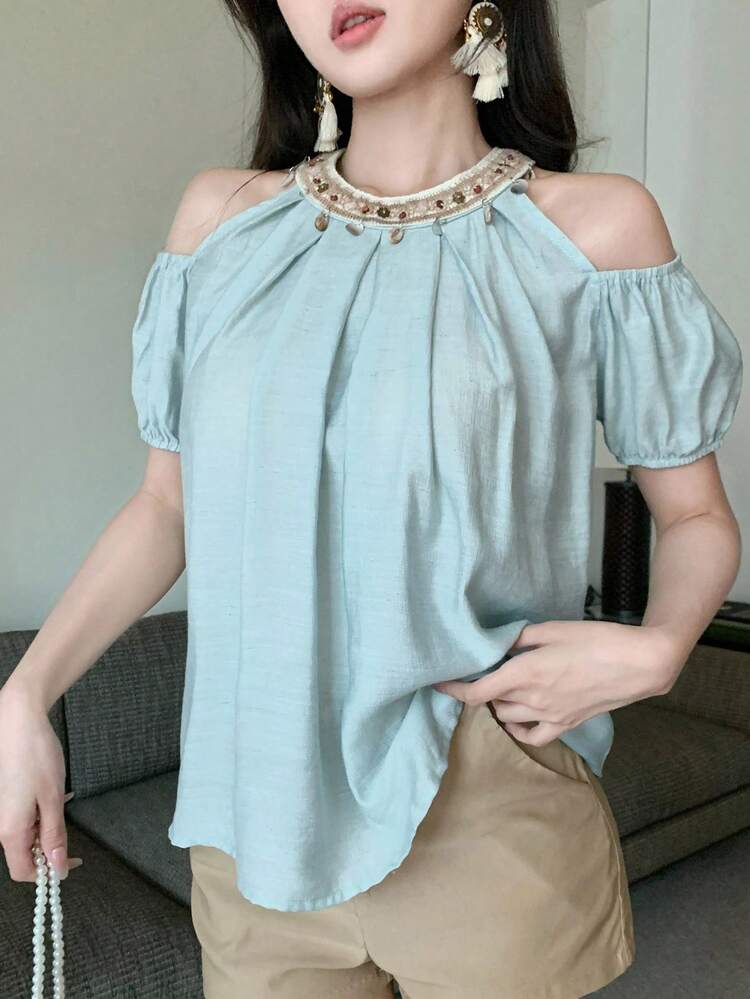 Women's Casual Vacation Hollow Out Beaded Decorative Bohemian Chiffon Short Sleeve Blouse, Spring/Summer Carnival