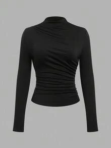Sweetra Maglietta casual a maniche lunghe, slim fit, comoda, con collo a giro, tinta unita, per donne taglie forti - Bianco e nero - Visualizzare 16