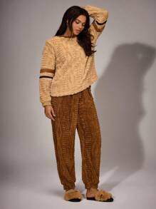 Women 2pcs Colorblock Striped Star Embroidered Long Sleeve Top & Fleece Pants Lounge Set Cozy Outfit, Fall/Winter Clothes - Multicolor - View 4