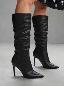CUCCOO SZL Women's Rhinestone Pointed Toe Pleated Thigh High Boots, Fashionable For Date & Party Outfit For Christmas Spring Shoes - Black - View 11