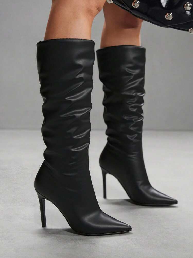 CUCCOO SZL Bottes hautes plissées à bout pointu ornées de strass pour femmes, à la mode pour les sorties et les tenues de fête