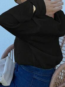 Jeta Ari Solid Color Texture Long Sleeve Shirt With V-Neck - Black - View 6