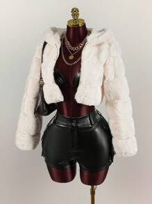 Amplova Women's Solid Color Cropped Hooded Faux Fur Jacket, Winter Faux Fur Coat,Fall - White - View 9