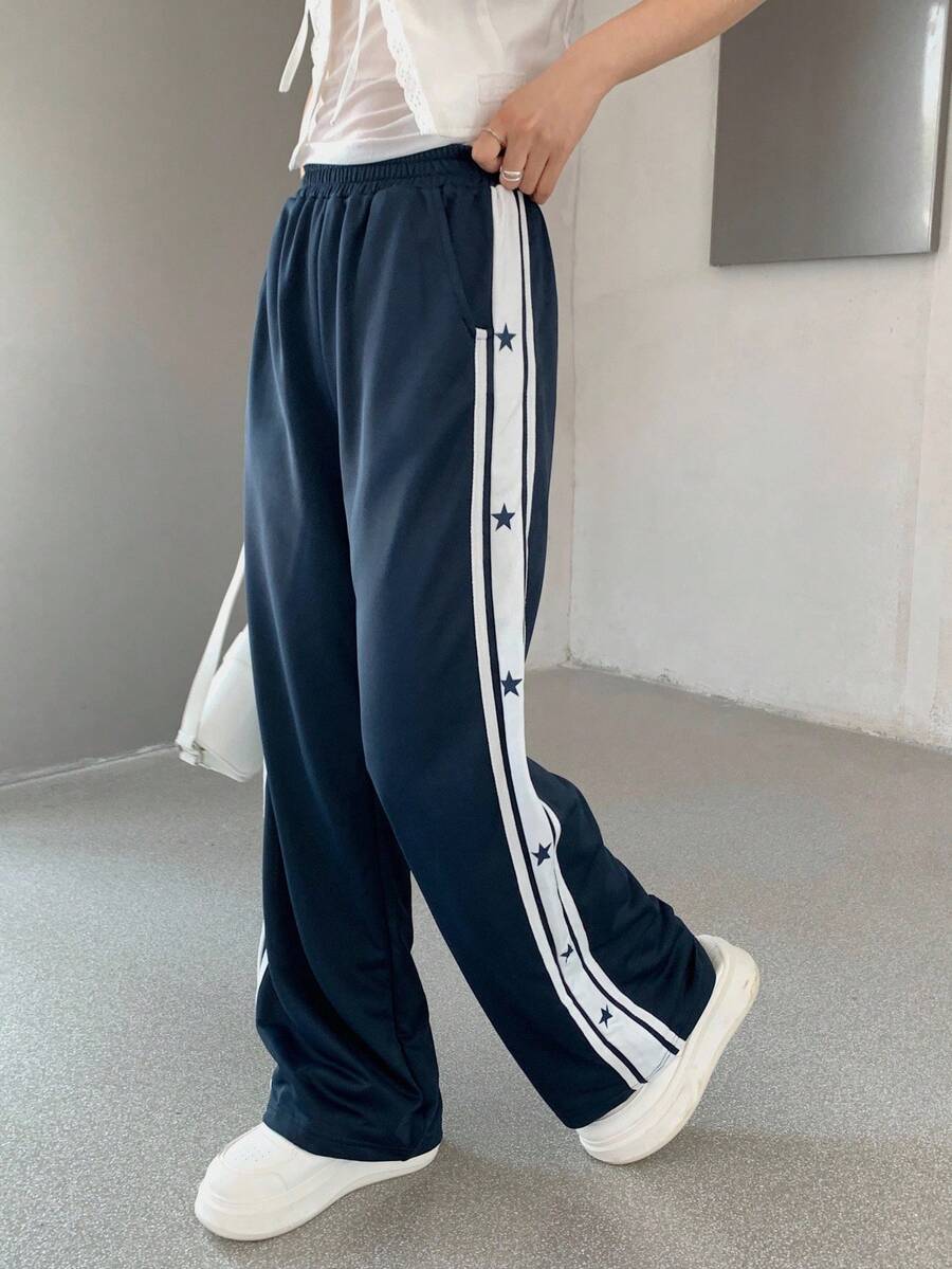 SHEIN Teen Girls Black Star Pattern Casual Loose Elastic Waist Sweatpants With Pockets - Navy Blue - View 1