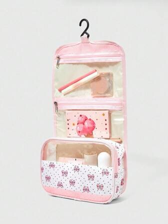 Kawaii Bolsa de maquillaje portátil, linda y de moda, con lazo de color rosa claro