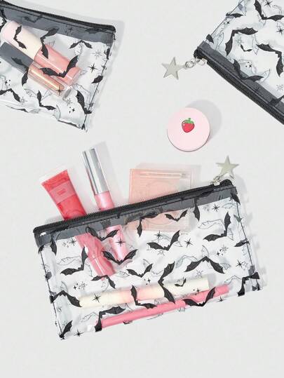 Grunge Punk 1pc Transparent PVC Black Bat Shaped Fashion Cosmetic Bag, Punk Goth Style, Halloween