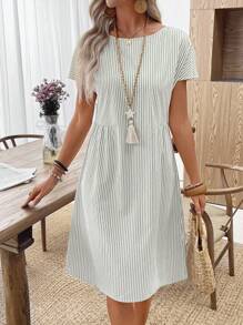 EMERY ROSE Váy cổ tròn sọc thường ngày mùa hè cho nữ Váy thường ngày mùa hè Váy ngắn tay mùa hè Váy sọc mùa hè Váy mùa hè cho nữ - màu xanh lá - Xem 6