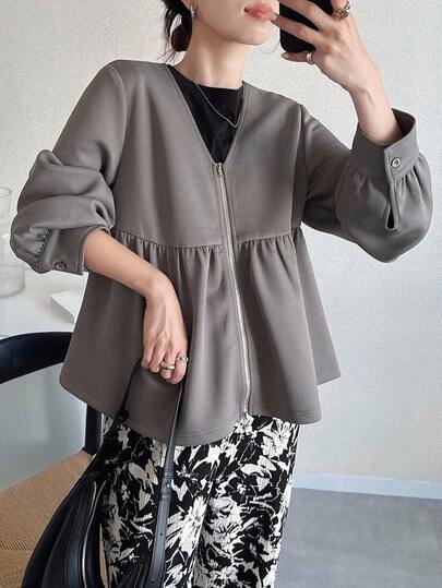 FRIFUL Women's V-Neck Drop Shoulder Solid Color Zipper Pleated Loose Casual Versatile Sweatshirt, Fashion Autumn/Winter