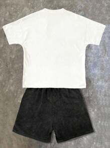 SHEIN 青少年男孩休闲简约风格涂鸦卡通肖像英文字母运动街头风格扎染Y2K短袖圆领两件套，适合夏季