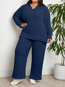 RueChic Conjunto de 2 piezas de top de manga larga y pantalones de unicolor casual en talla grande