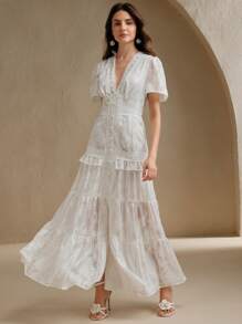 Anewsta Vestido Elegante Azul com Renda e Manga Curta, Estilo Boêmio para Festivais de Música, Primavera/Verão, Feminino - Branco - Visão 1